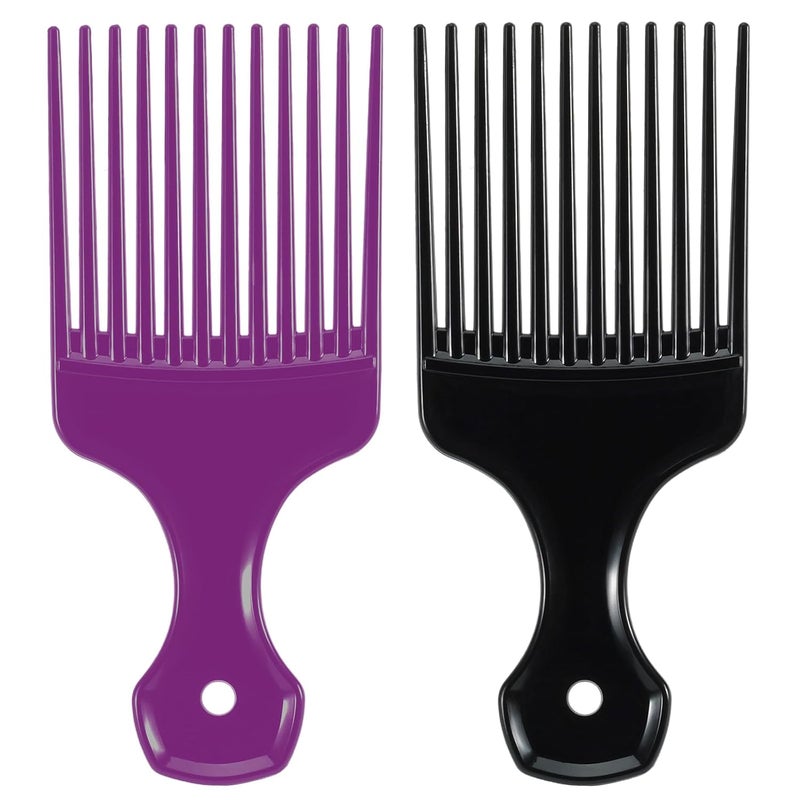 SIMPOR 2 Pcs Hair Pick Comb Wide Tooth Lift for Hair Styling Detangling Plastic Afro Pick for Women Men (Purple, Black) - Image 1